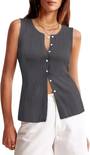 Yousify Womens Sleeveless Button Down Tank Tops Casual Crewneck Slim Fit Y2K Textured Vest Top