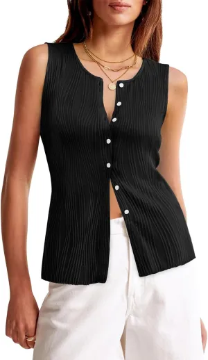 Yousify Womens Sleeveless Button Down Tank Tops Casual Crewneck Slim Fit Y2K Textured Vest Top