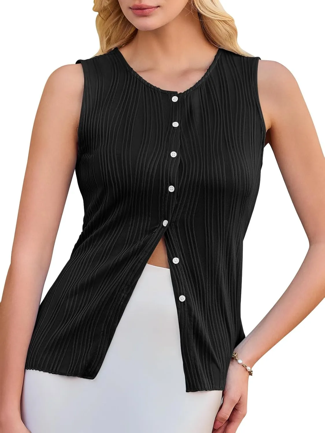 Yousify Womens Sleeveless Button Down Tank Tops Casual Crewneck Slim Fit Y2K Textured Vest Top