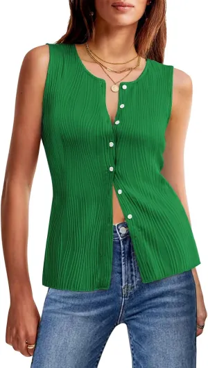 Yousify Womens Sleeveless Button Down Tank Tops Casual Crewneck Slim Fit Y2K Textured Vest Top