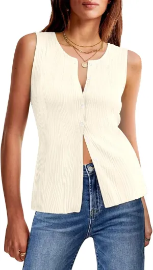 Yousify Womens Sleeveless Button Down Tank Tops Casual Crewneck Slim Fit Y2K Textured Vest Top