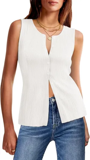 Yousify Womens Sleeveless Button Down Tank Tops Casual Crewneck Slim Fit Y2K Textured Vest Top