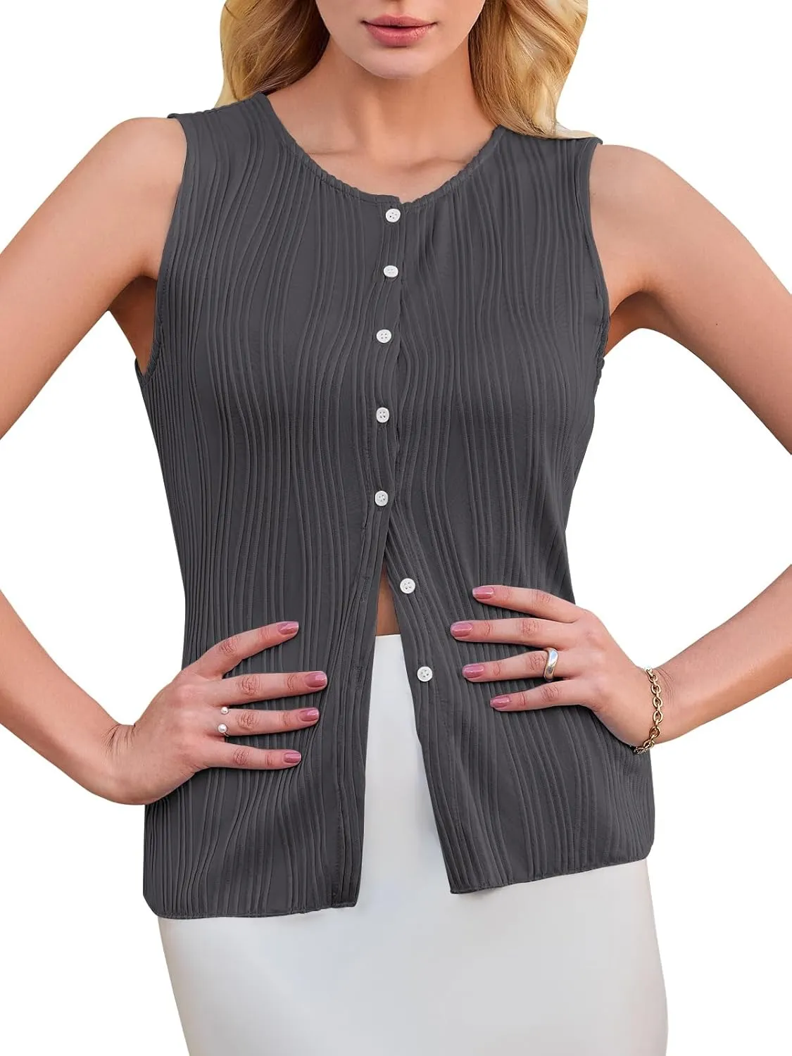 Yousify Womens Sleeveless Button Down Tank Tops Casual Crewneck Slim Fit Y2K Textured Vest Top