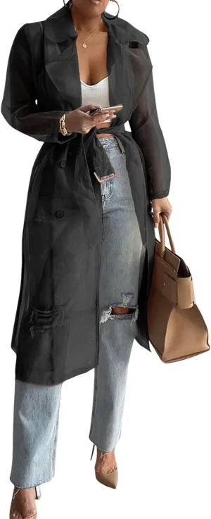 Yvipette Womens Sheer Organza Buttoned Cardigan Long Sleeve Lapel Belted Open Front Cover Up