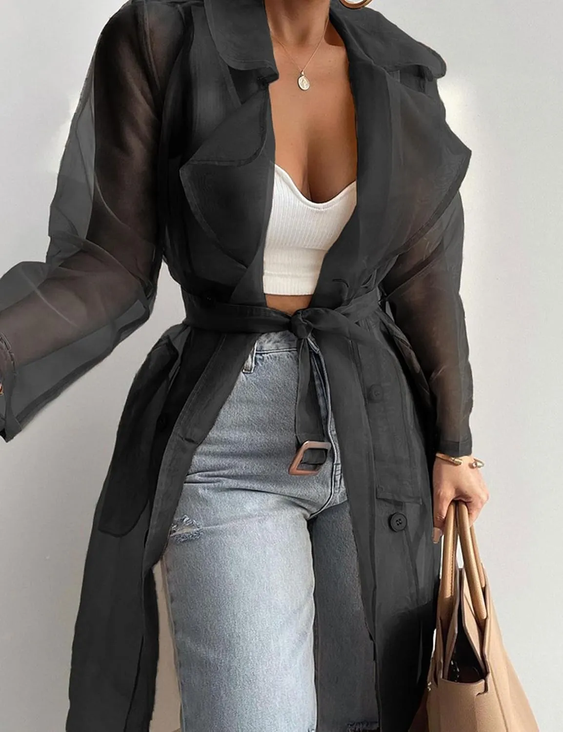 Yvipette Womens Sheer Organza Buttoned Cardigan Long Sleeve Lapel Belted Open Front Cover Up