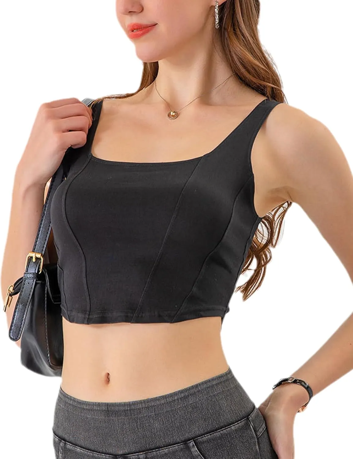Yvipette Womens Slim Cropped Denim Vest Stretchy Scoop Neck Pullover Jean Sports Bra Tank Top