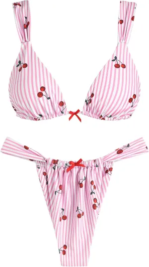 ZAFUL Bikini Sets for Women Triangle Bow Decor Ruffle Straps Lace up Swimsuit 2 Pieces High Cut Bathing Suits