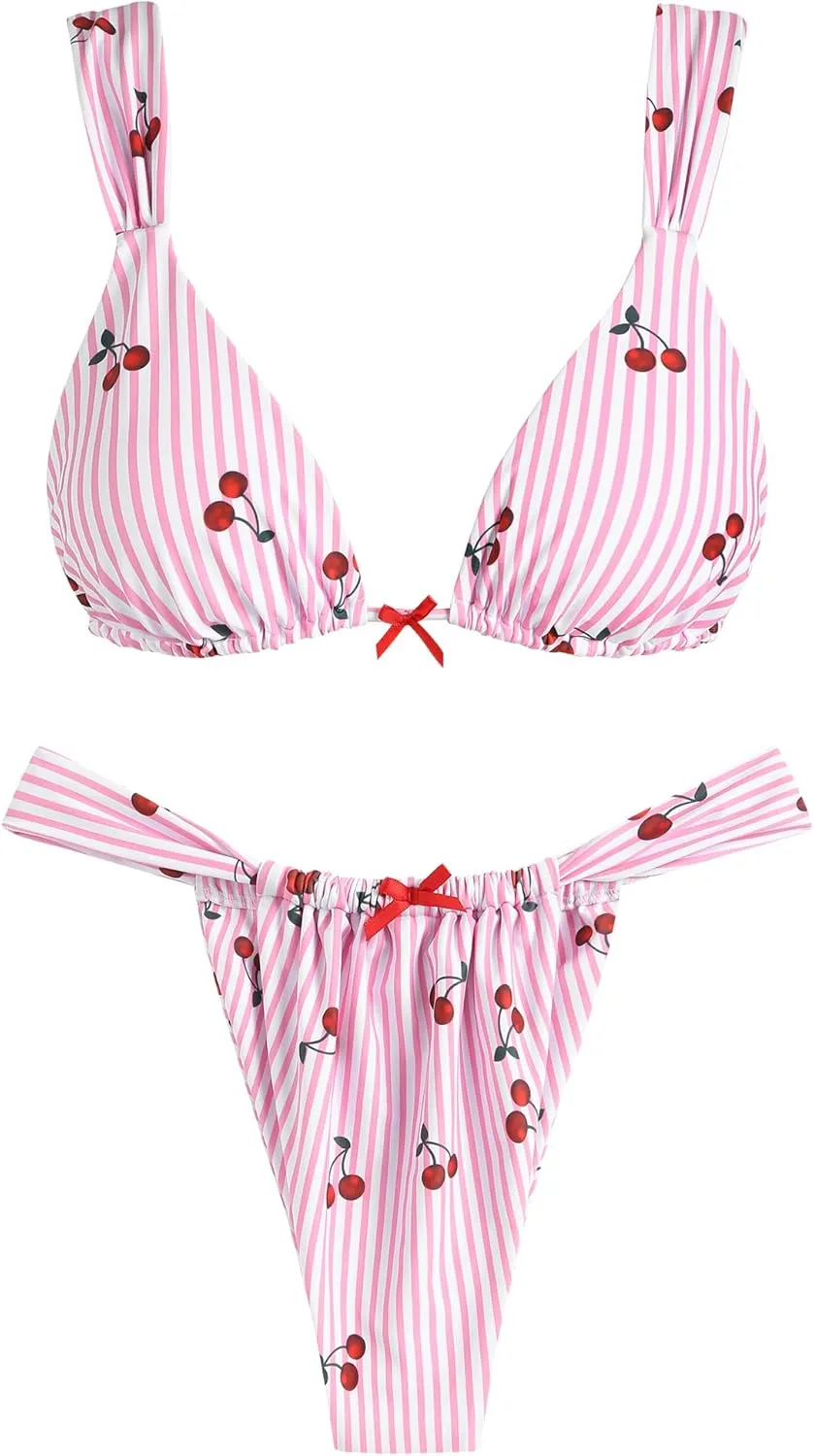 ZAFUL Bikini Sets for Women Triangle Bow Decor Ruffle Straps Lace up Swimsuit 2 Pieces High Cut Bathing Suits