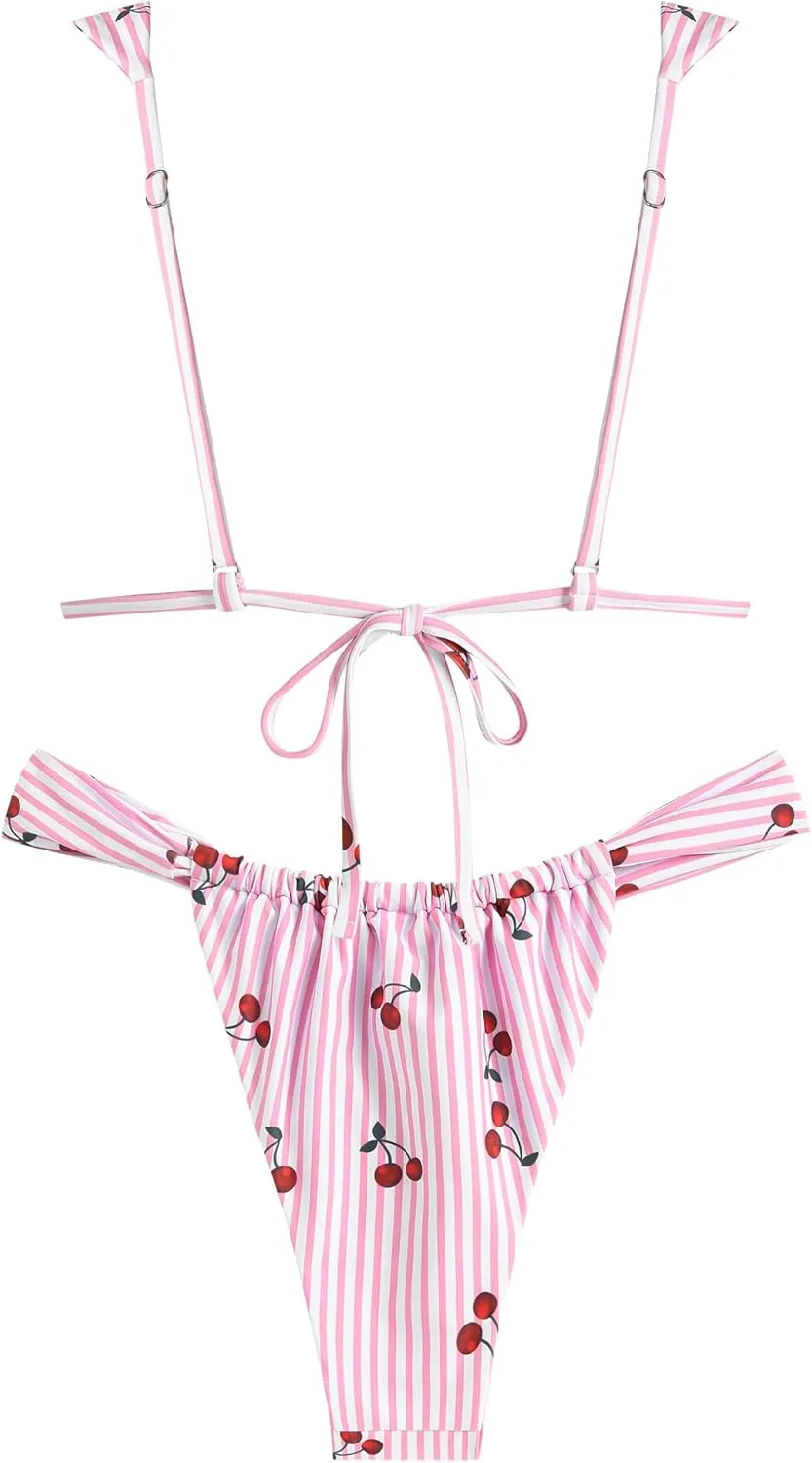 ZAFUL Bikini Sets for Women Triangle Bow Decor Ruffle Straps Lace up Swimsuit 2 Pieces High Cut Bathing Suits