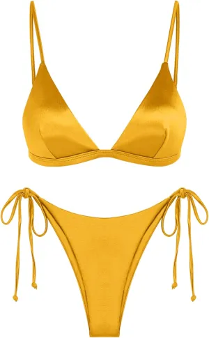 ZAFUL Brazilian Bikini Sets for Women Cheeky Triangle Two Piece Shiny Swimsuit Padded High Cut Bathing Suit Yellow XS