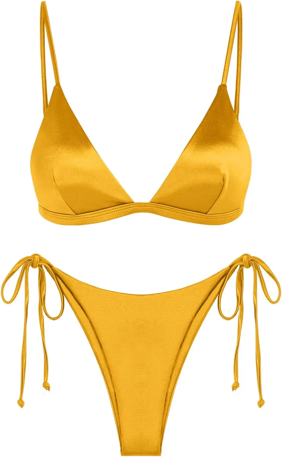 ZAFUL Brazilian Bikini Sets for Women Cheeky Triangle Two Piece Shiny Swimsuit Padded High Cut Bathing Suit Yellow XS