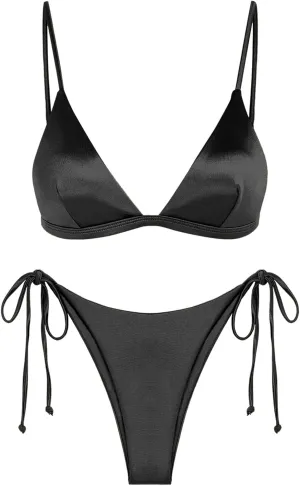 ZAFUL Women's Shiny Silky Bikini Sets Sexy Triangle Two Piece Swimsuit 2024 Tie Side Thong High Cut Cheeky Bathing Suit