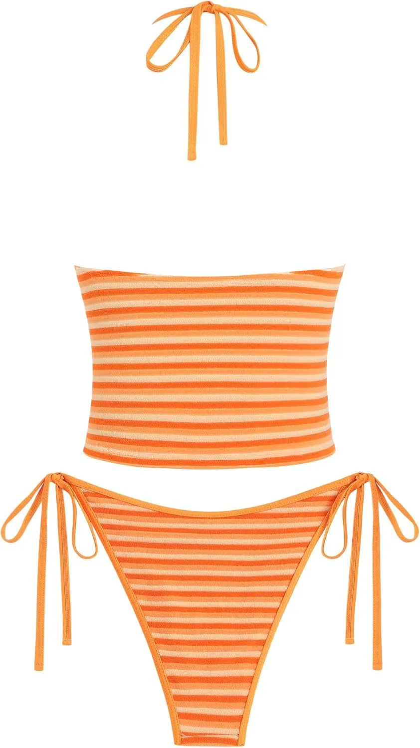 ZAFUL Women's Spaghetti Strap Tankini Swimsuits V Neck Tummy Control Tie Side Thong Bikini Swimsuits 2 Piece Bathing Suits