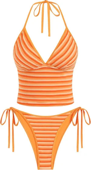 ZAFUL Women's Spaghetti Strap Tankini Swimsuits V Neck Tummy Control Tie Side Thong Bikini Swimsuits 2 Piece Bathing Suits