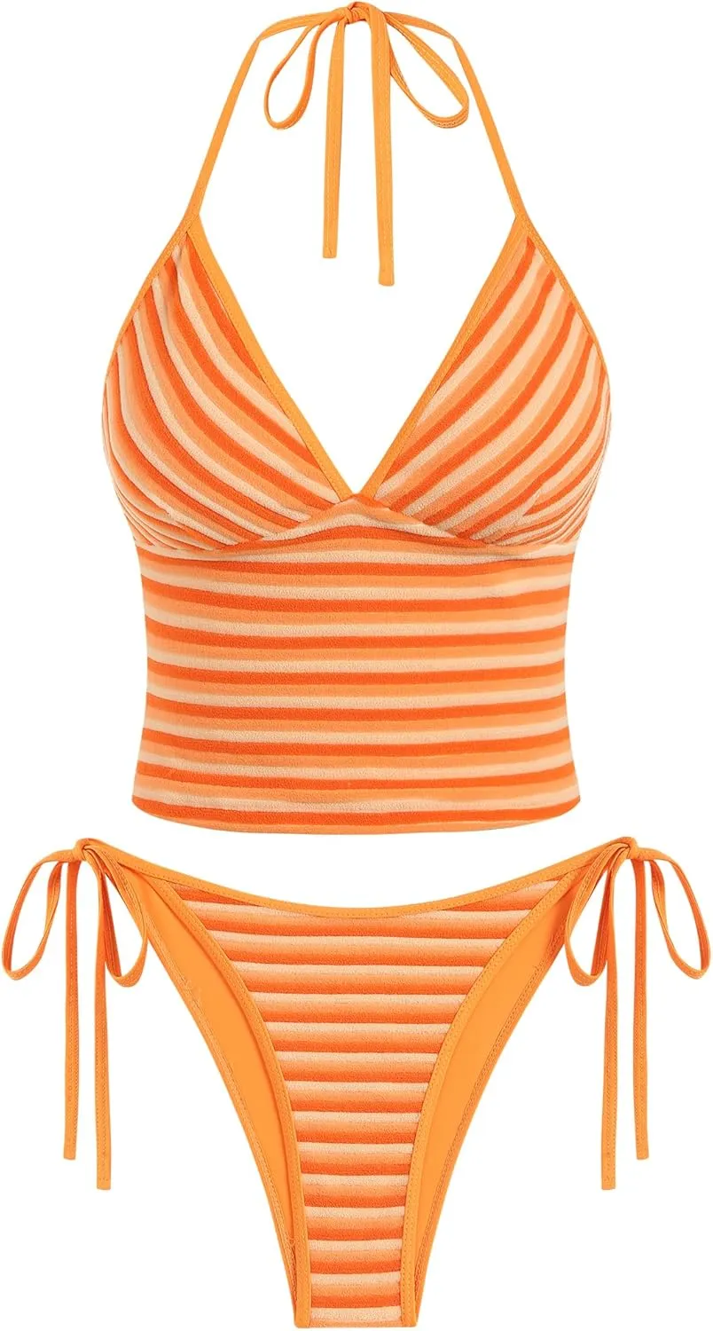 ZAFUL Women's Spaghetti Strap Tankini Swimsuits V Neck Tummy Control Tie Side Thong Bikini Swimsuits 2 Piece Bathing Suits