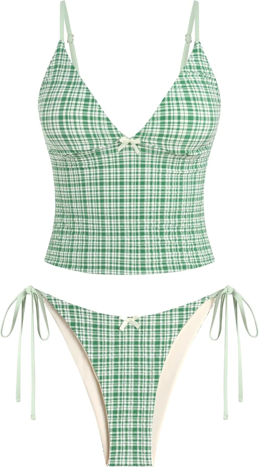 ZAFUL Women's Spaghetti Strap Tankini Swimsuits V Neck Tummy Control Tie Side Thong Bikini Swimsuits 2 Piece Bathing Suits