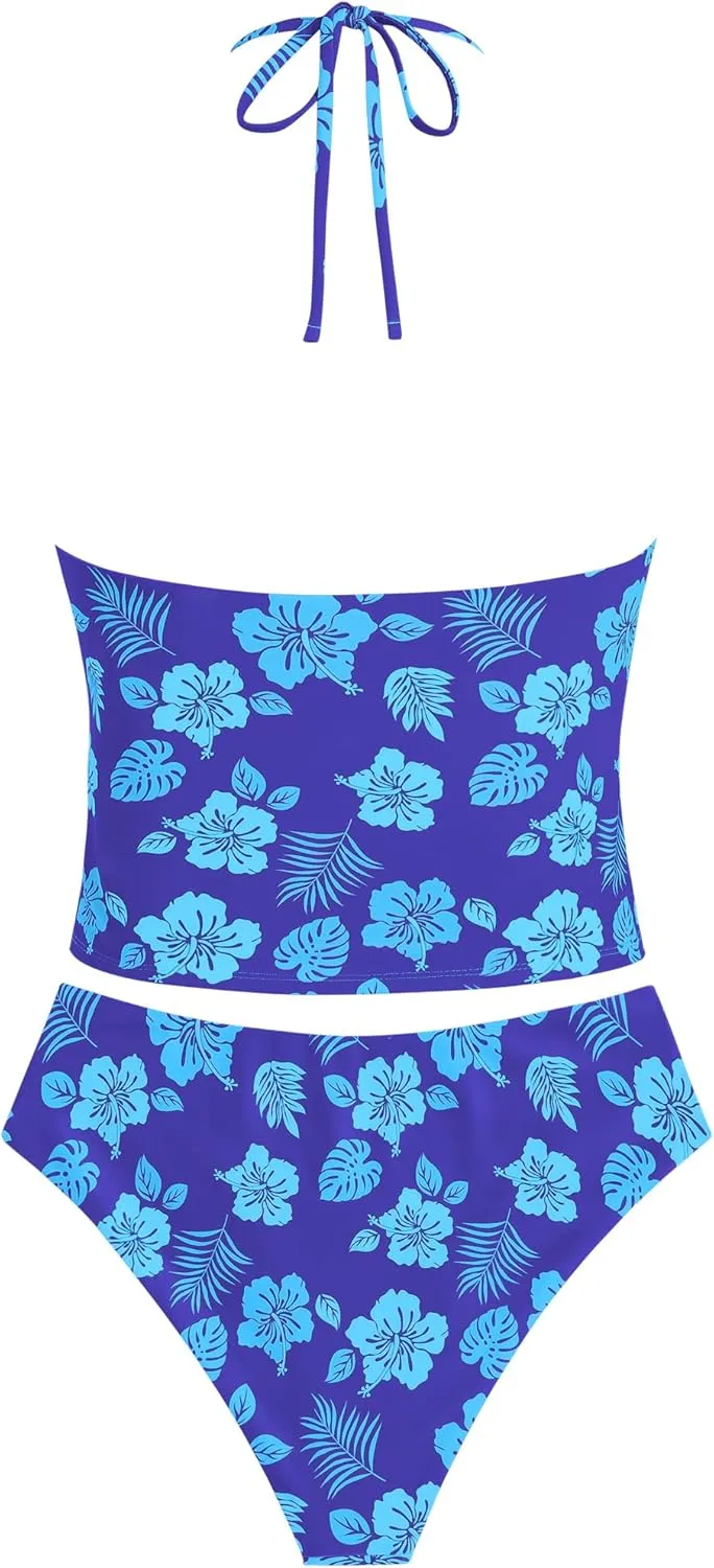 ZAFUL Women's Spaghetti Strap Tankini Swimsuits V Neck Tummy Control Tie Side Thong Bikini Swimsuits 2 Piece Bathing Suits