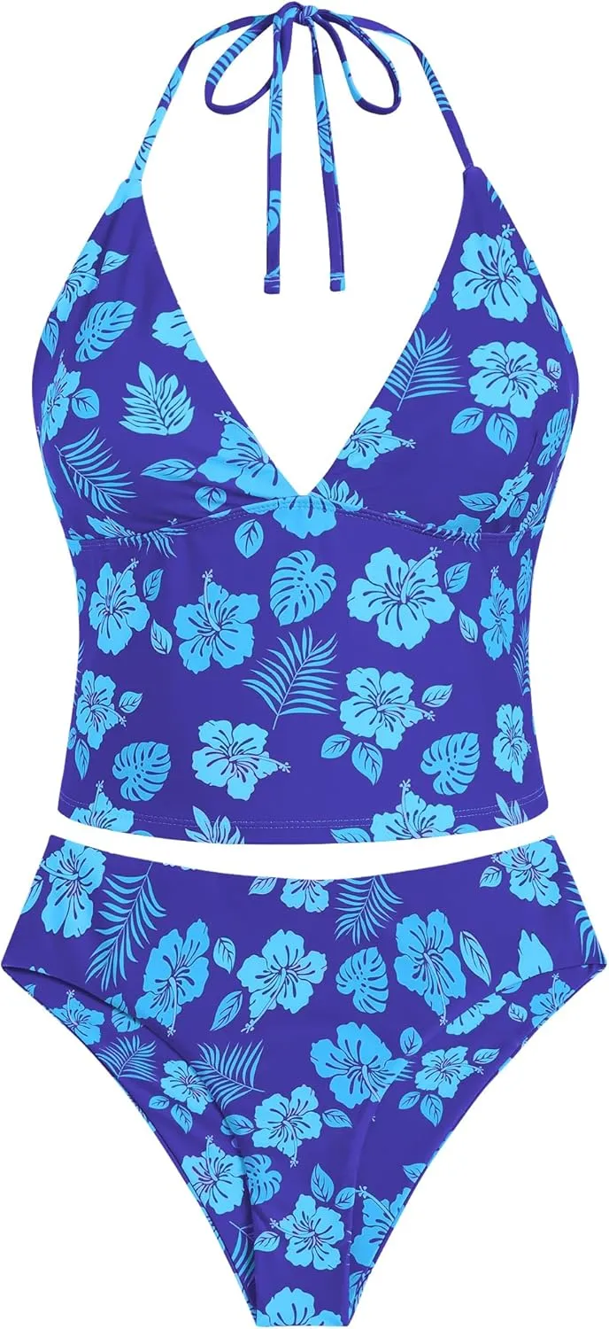 ZAFUL Women's Spaghetti Strap Tankini Swimsuits V Neck Tummy Control Tie Side Thong Bikini Swimsuits 2 Piece Bathing Suits