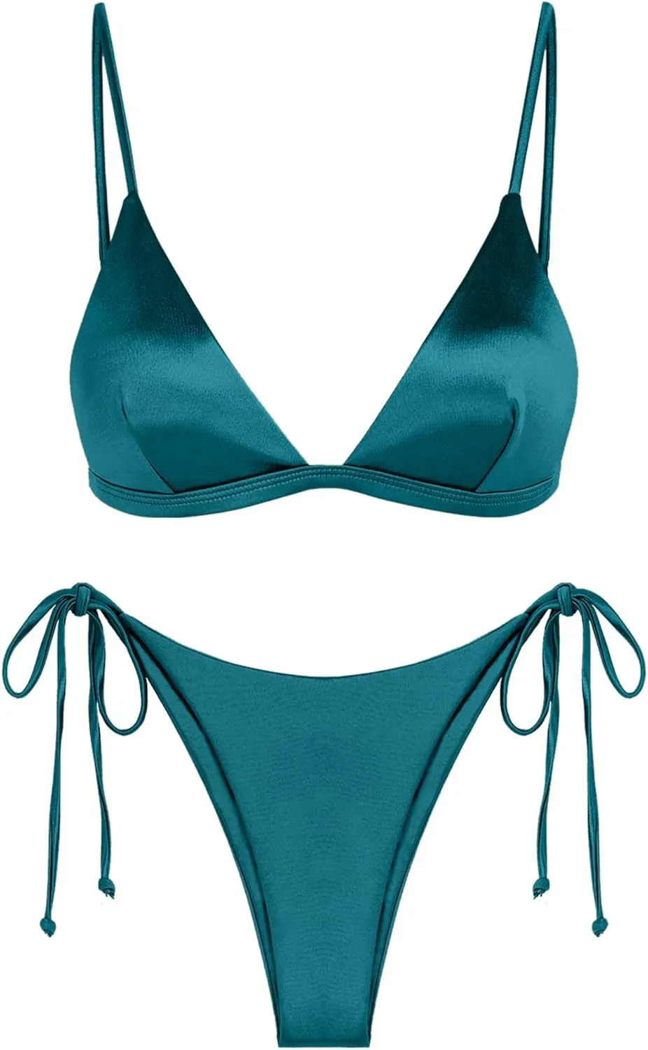 ZAFUL Womens String Bikini Sets Silky Shiny Swimsuit Padded Cheeky Triangle Thong Two Piece Bathing Suit Peacock Blue S