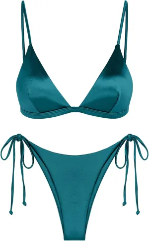 ZAFUL Womens String Bikini Sets Silky Shiny Swimsuit Padded Cheeky Triangle Thong Two Piece Bathing Suit Peacock Blue S