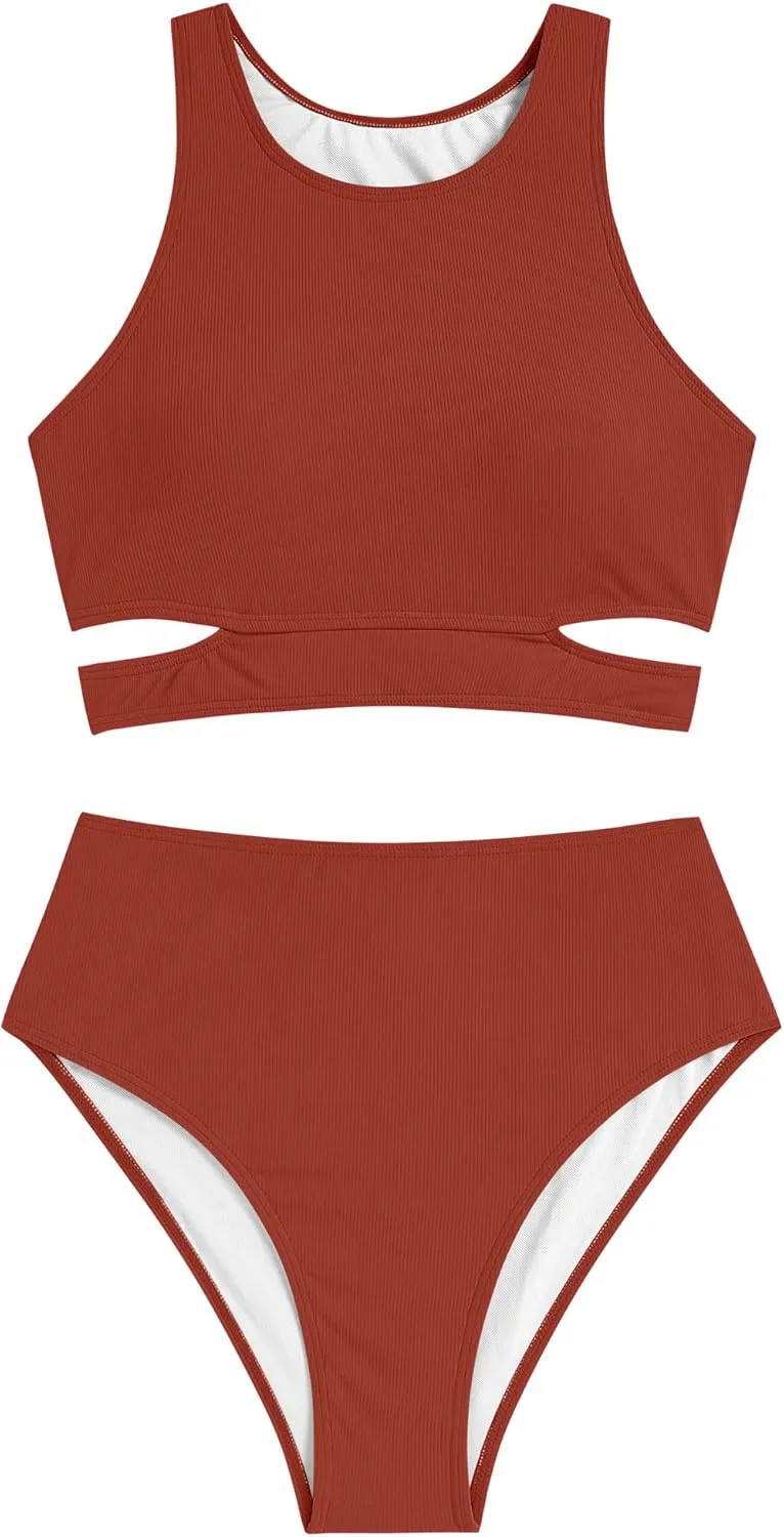 ZAFUL Women's Swimsuit High Waisted Bikini Sets Two Piece Swimsuit Scoop Neck Tank Side Cutout Midkini Stitching