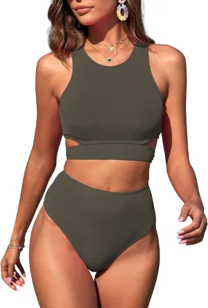 ZAFUL Women's Swimsuit High Waisted Bikini Sets Two Piece Swimsuit Scoop Neck Tank Side Cutout Midkini Stitching