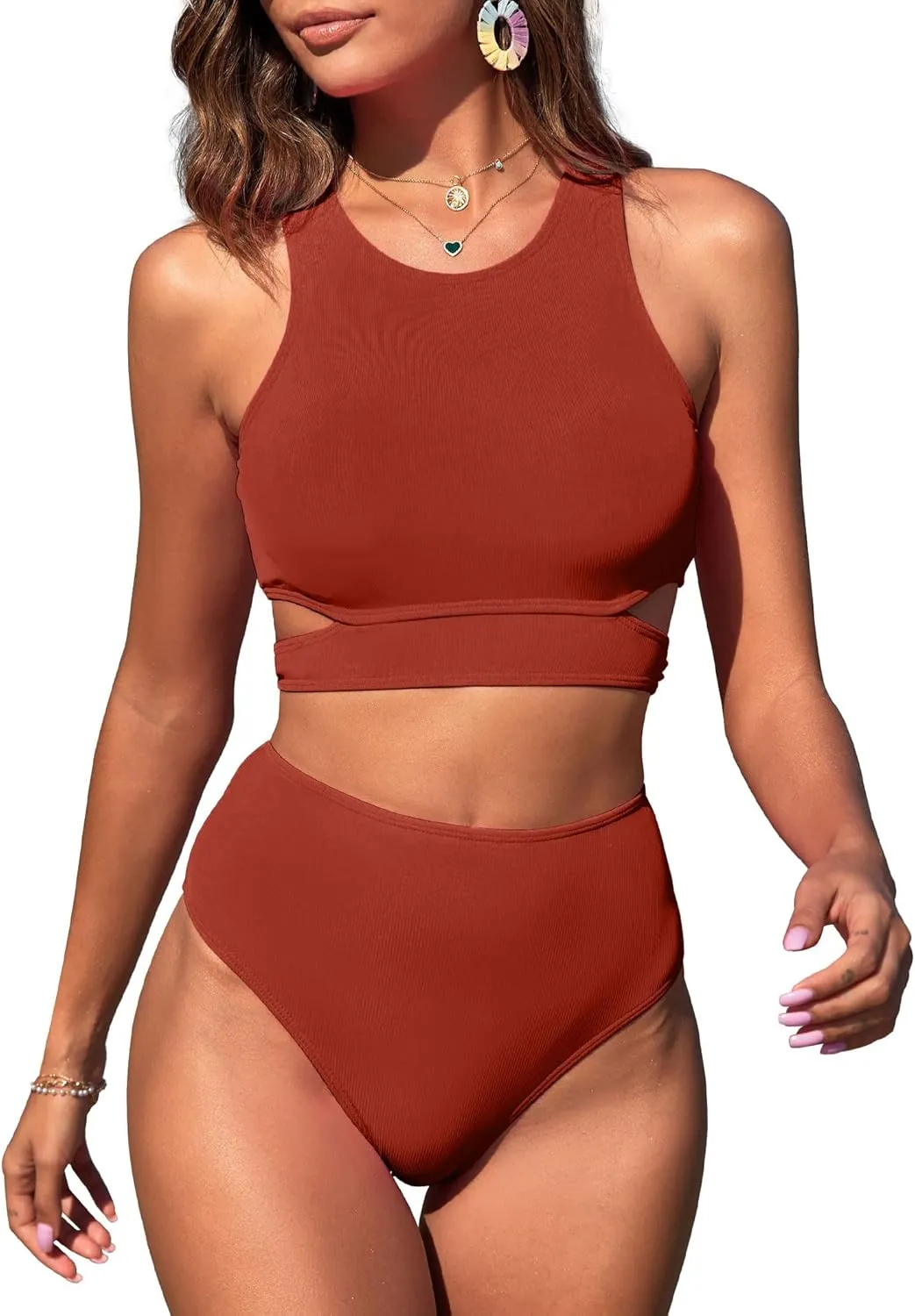 ZAFUL Women's Swimsuit High Waisted Bikini Sets Two Piece Swimsuit Scoop Neck Tank Side Cutout Midkini Stitching