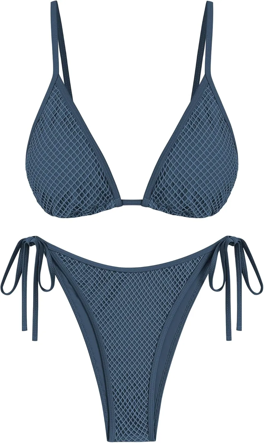 ZAFUL Women's Triangle String Two Piece Bikini Fishnet Tie Back Bikini Sets High Cut Tie Side Cheeky Swimsuits Navy Blue M