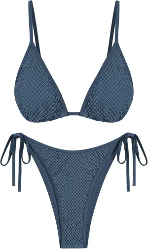 ZAFUL Women's Triangle String Two Piece Bikini Fishnet Tie Back Bikini Sets High Cut Tie Side Cheeky Swimsuits Navy Blue M