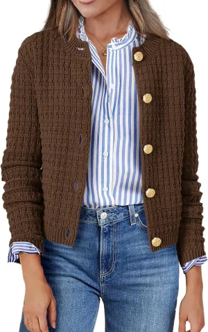 Zeagoo Women's 2024 Cardigan Sweaters Button Down Crew Neck Open Front Brown