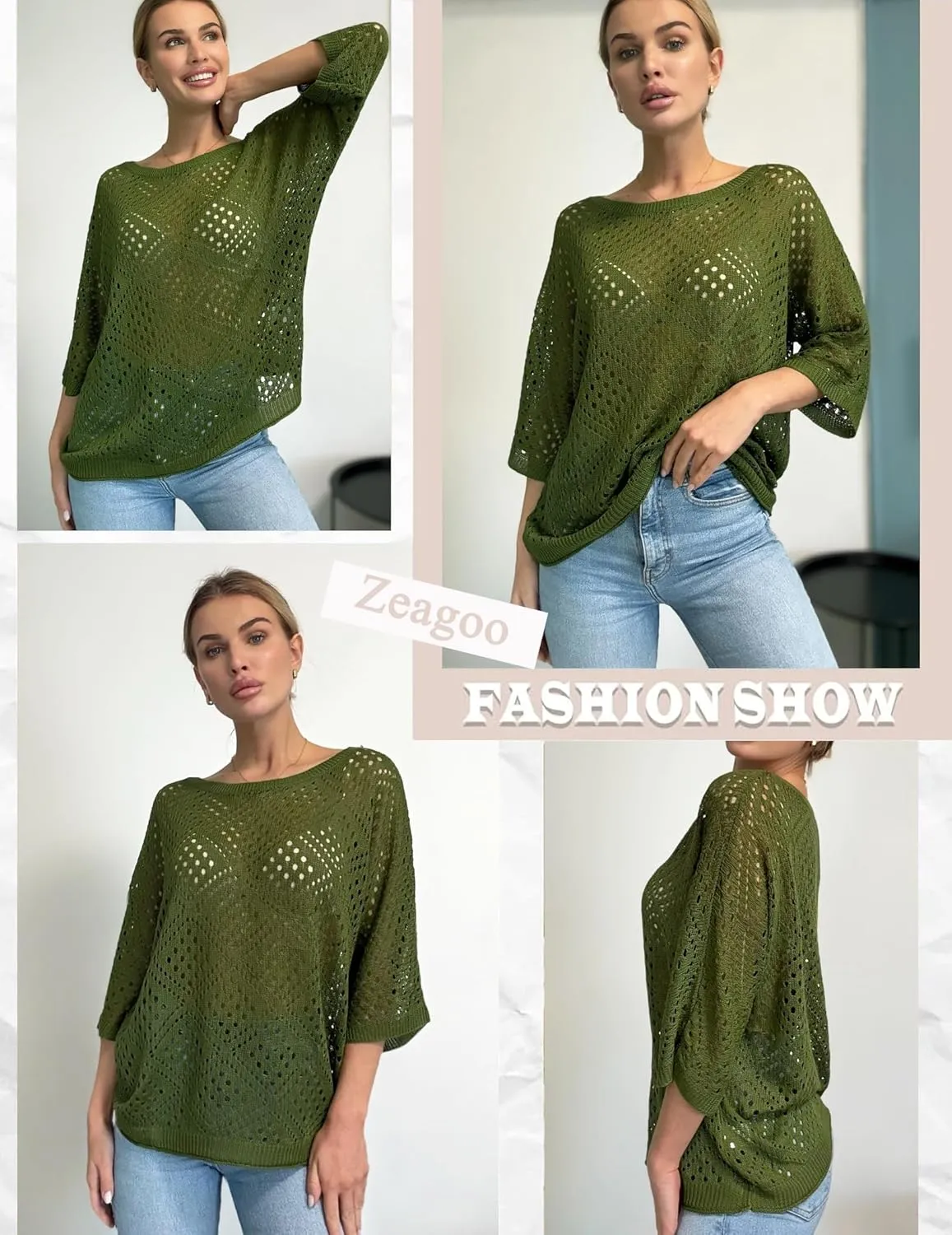 Zeagoo Women's 2025 Spring Summer Crochet Top Hollow Out 3/4 Sleeve Sweater Off Shoulder Beach Knit Coverup