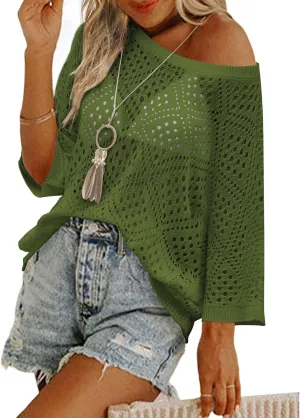 Zeagoo Women's 2025 Spring Summer Crochet Top Hollow Out 3/4 Sleeve Sweater Off Shoulder Beach Knit Coverup