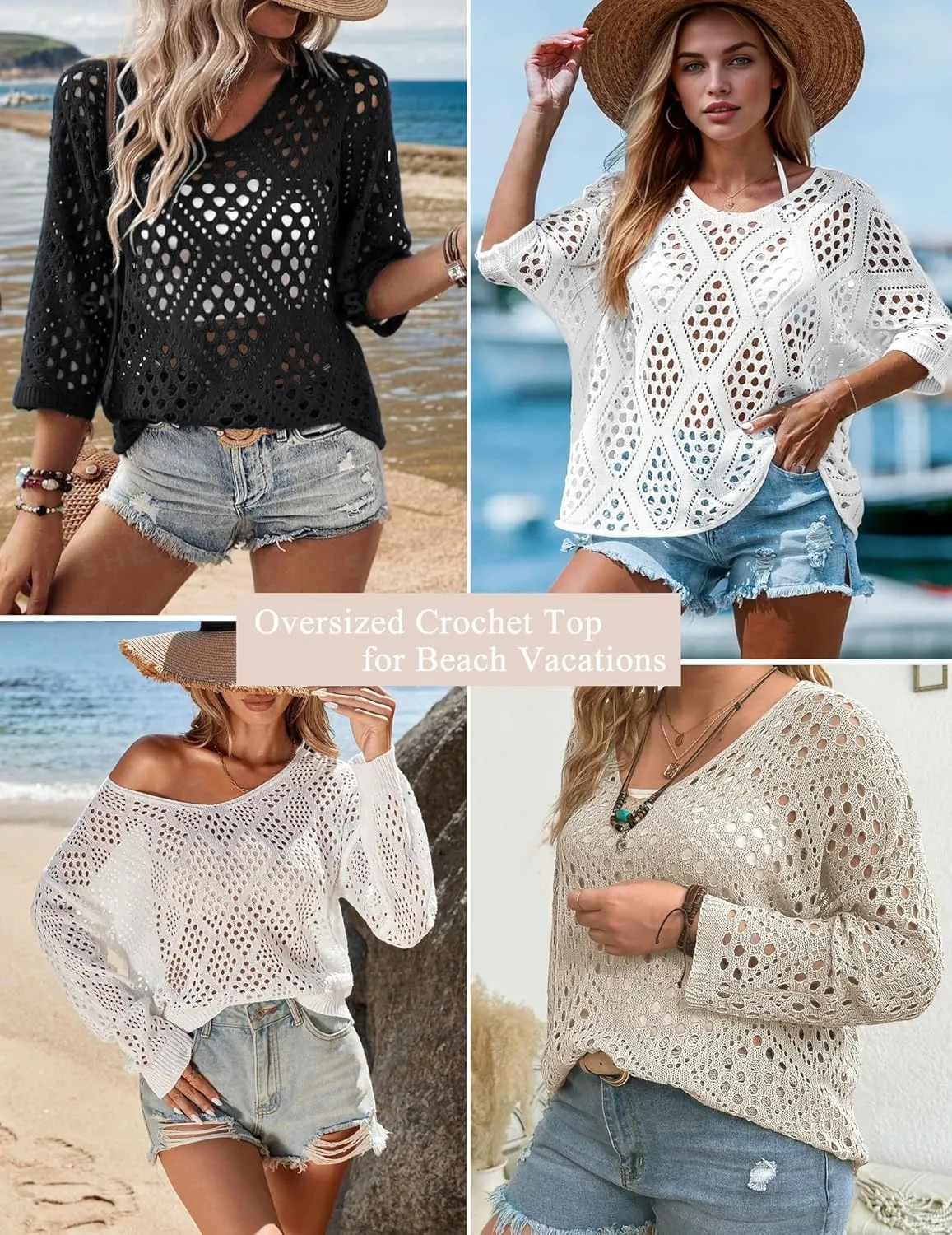 Zeagoo Women's 2025 Spring Summer Crochet Top Hollow Out 3/4 Sleeve Sweater Off Shoulder Beach Knit Coverup