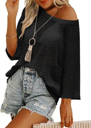 Zeagoo Women's 2025 Spring Summer Crochet Top Hollow Out 3/4 Sleeve Sweater Off Shoulder Beach Knit Coverup