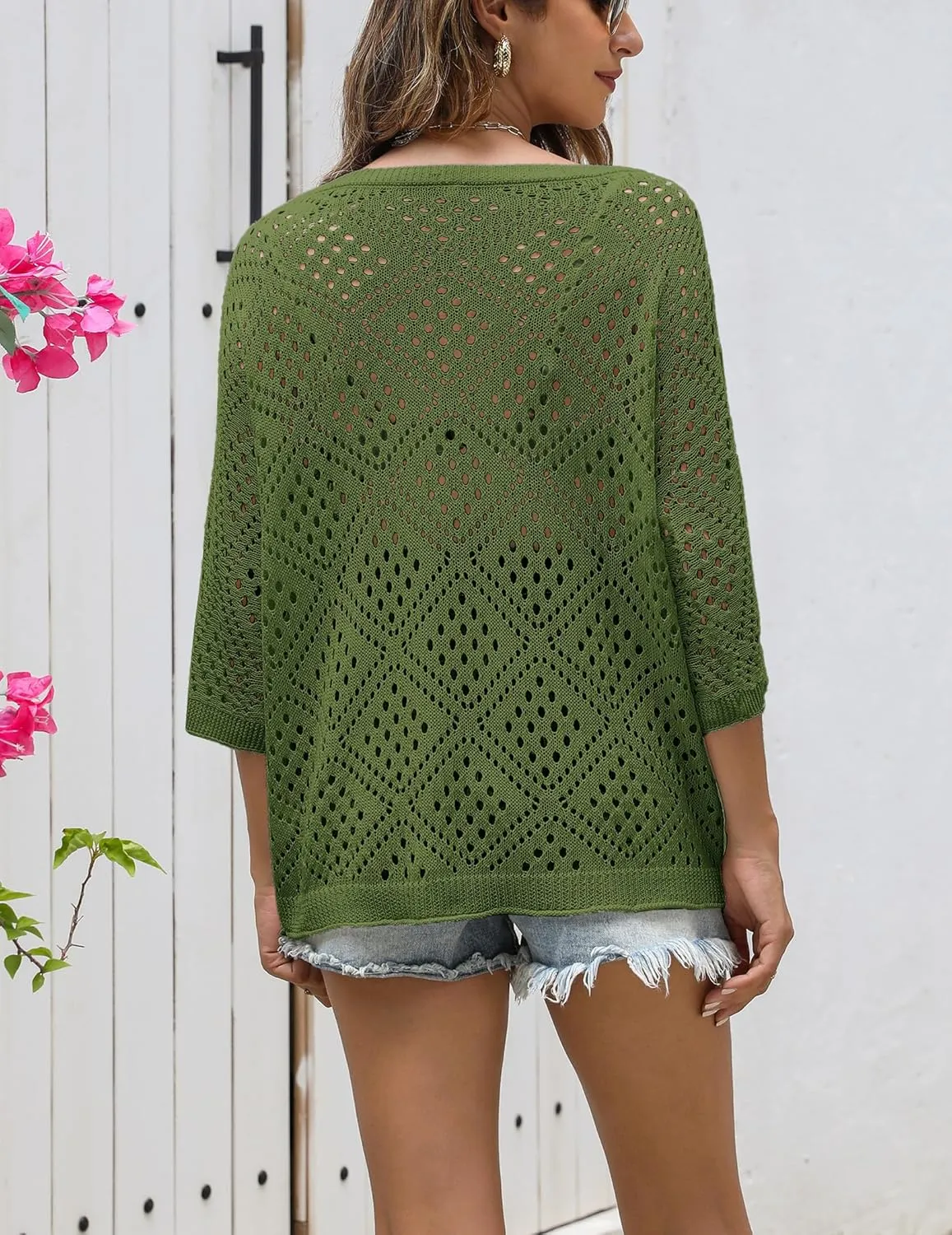 Zeagoo Women's 2025 Spring Summer Crochet Top Hollow Out 3/4 Sleeve Sweater Off Shoulder Beach Knit Coverup