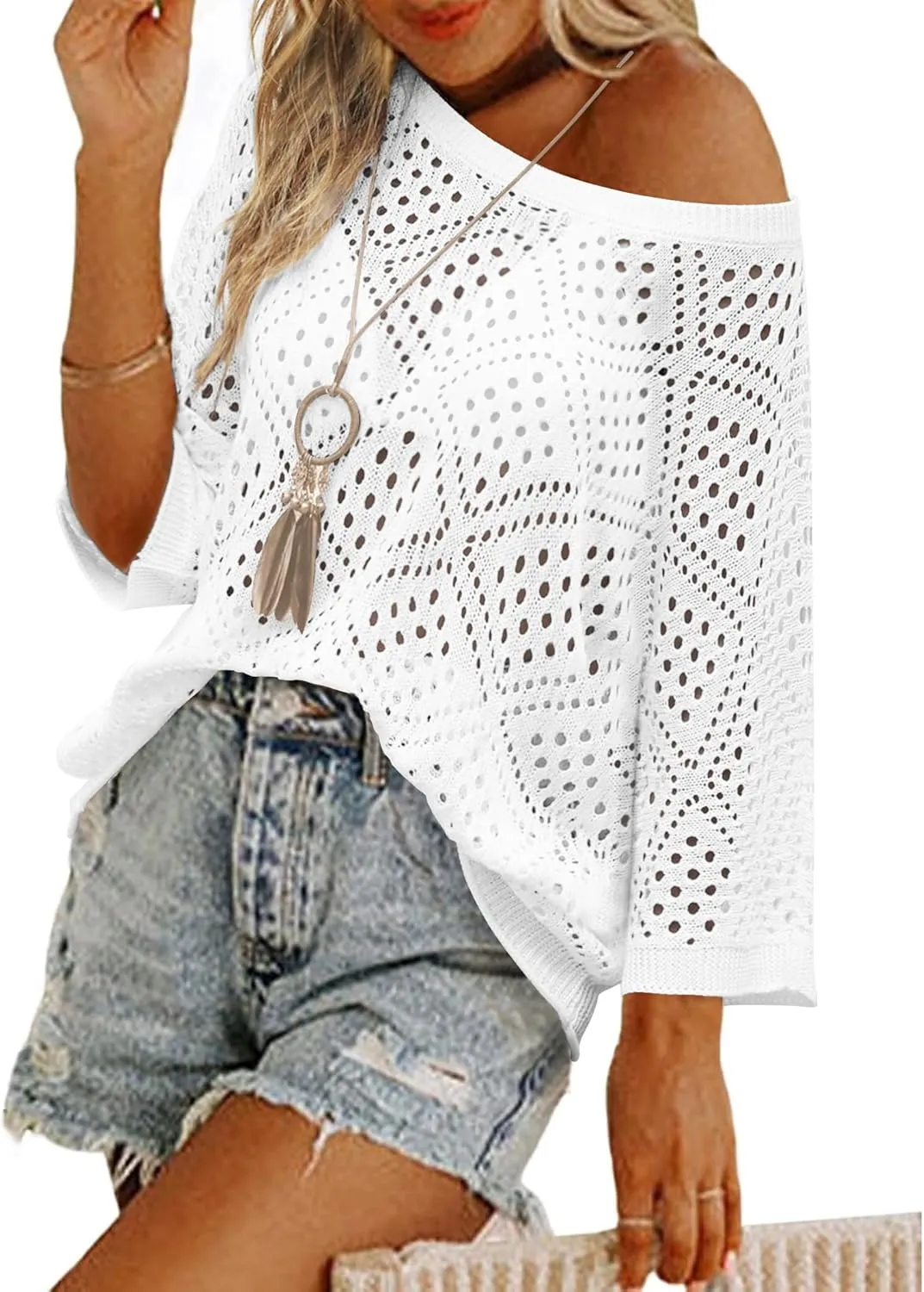Zeagoo Women's 2025 Spring Summer Crochet Top Hollow Out 3/4 Sleeve Sweater Off Shoulder Beach Knit Coverup