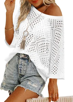 Zeagoo Women's 2025 Spring Summer Crochet Top Hollow Out 3/4 Sleeve Sweater Off Shoulder Beach Knit Coverup