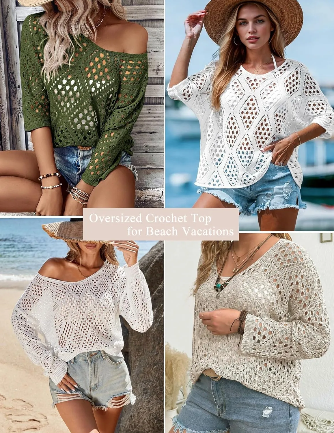 Zeagoo Women's 2025 Spring Summer Crochet Top Hollow Out 3/4 Sleeve Sweater Off Shoulder Beach Knit Coverup