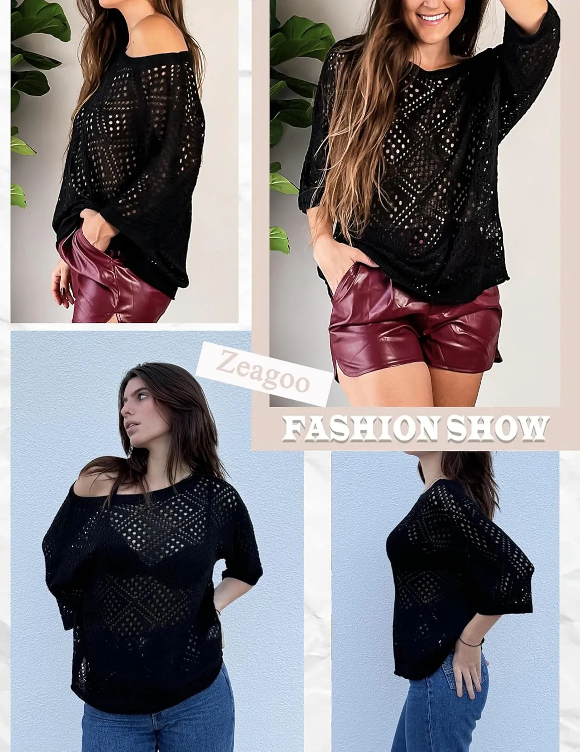 Zeagoo Women's 2025 Spring Summer Crochet Top Hollow Out 3/4 Sleeve Sweater Off Shoulder Beach Knit Coverup