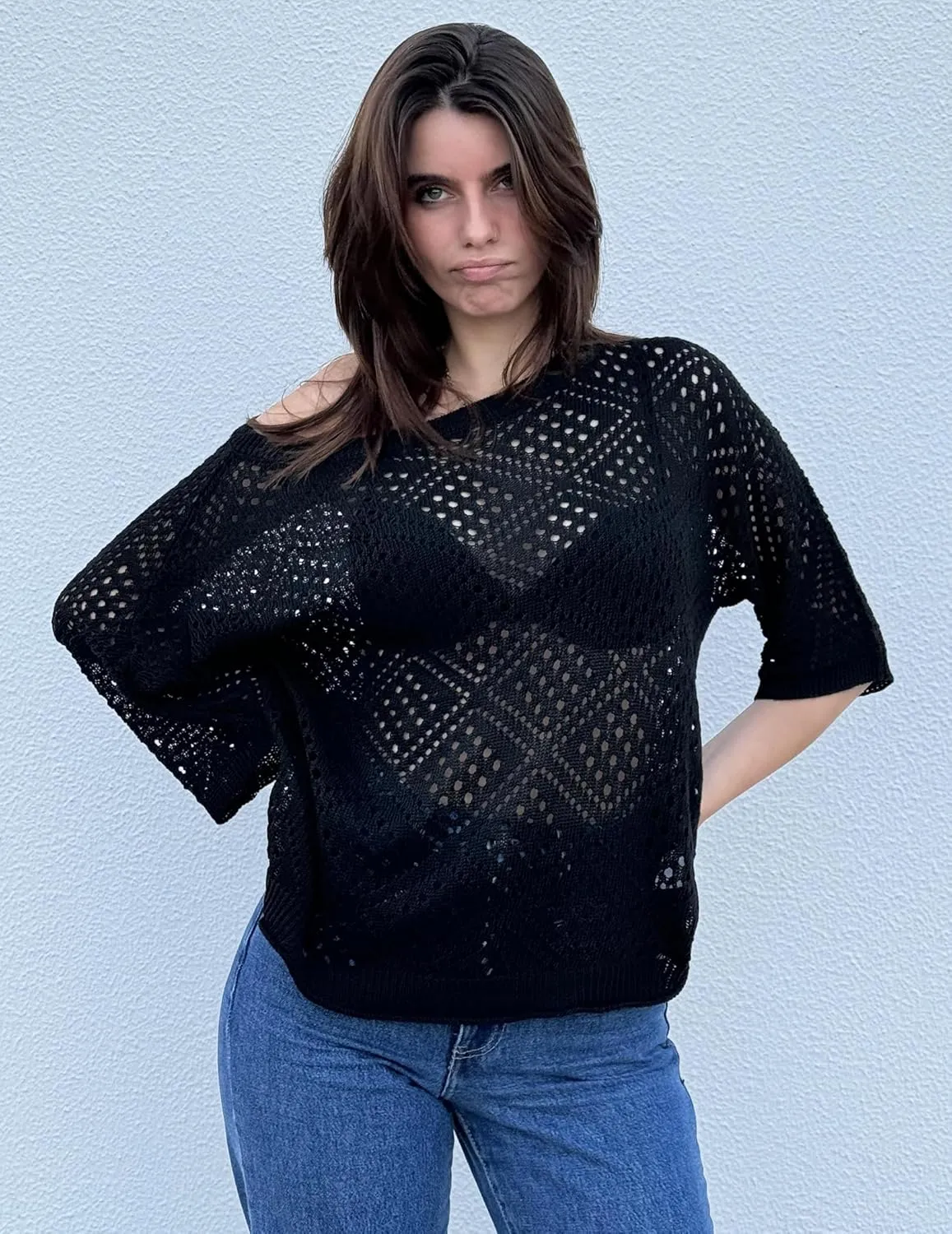 Zeagoo Women's 2025 Spring Summer Crochet Top Hollow Out 3/4 Sleeve Sweater Off Shoulder Beach Knit Coverup