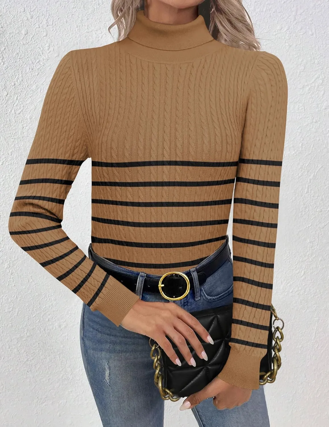 Zeagoo Womens Sweaters 2024 Turtleneck Cable Knit Long Sleeve Slim Fitted Basic Fall Tops