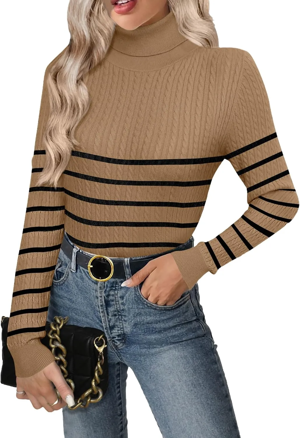 Zeagoo Womens Sweaters 2024 Turtleneck Cable Knit Long Sleeve Slim Fitted Basic Fall Tops