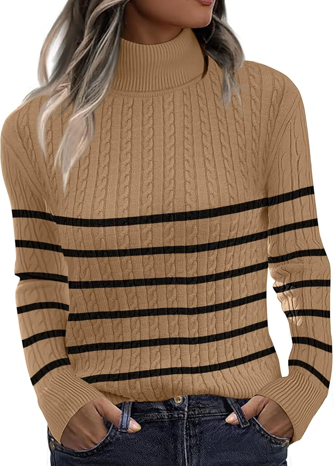 Zeagoo Womens Sweaters 2024 Turtleneck Cable Knit Long Sleeve Slim Fitted Basic Fall Tops