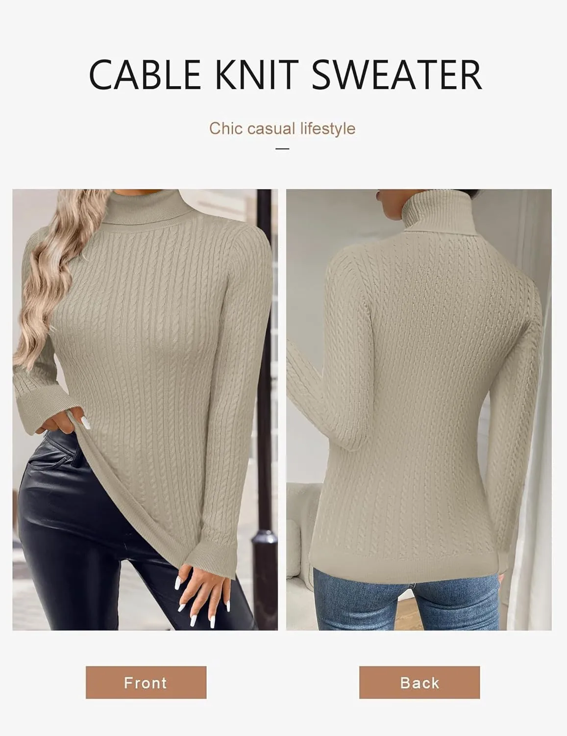 Zeagoo Womens Sweaters 2024 Turtleneck Cable Knit Long Sleeve Slim Fitted Basic Fall Tops