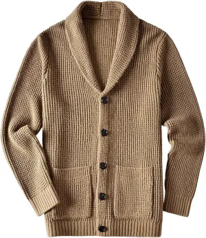 ZHILI Men's Casual Slim Thick Knitted Shawl Collar Cardigan Sweaters Pockets