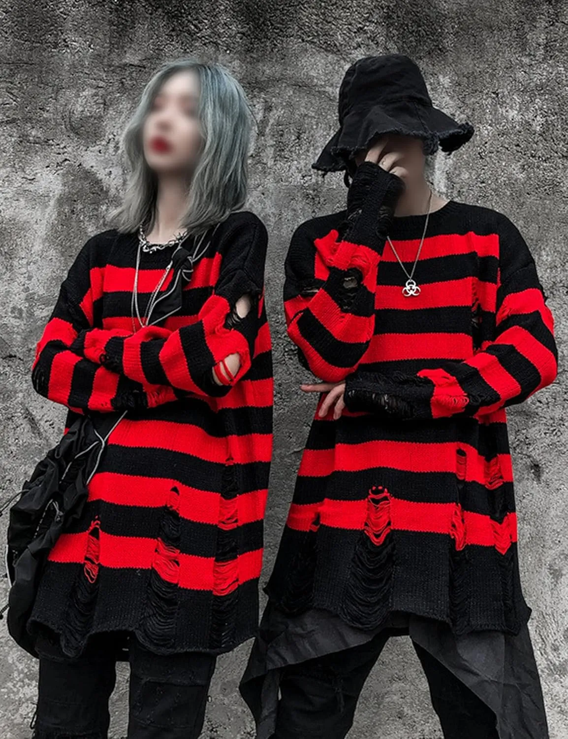 Zhiyouni Womens Punk Gothic Sweater Loose Oversized Striped Ripped Pullover Knit Sweaters