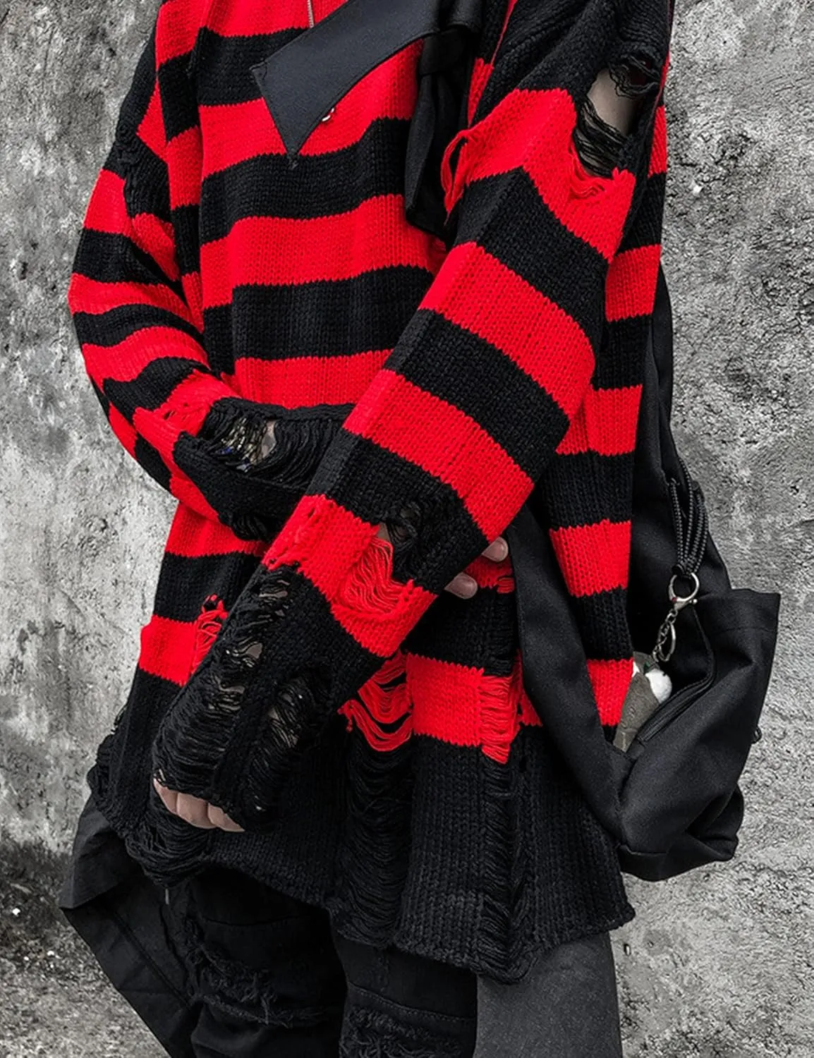 Zhiyouni Womens Punk Gothic Sweater Loose Oversized Striped Ripped Pullover Knit Sweaters