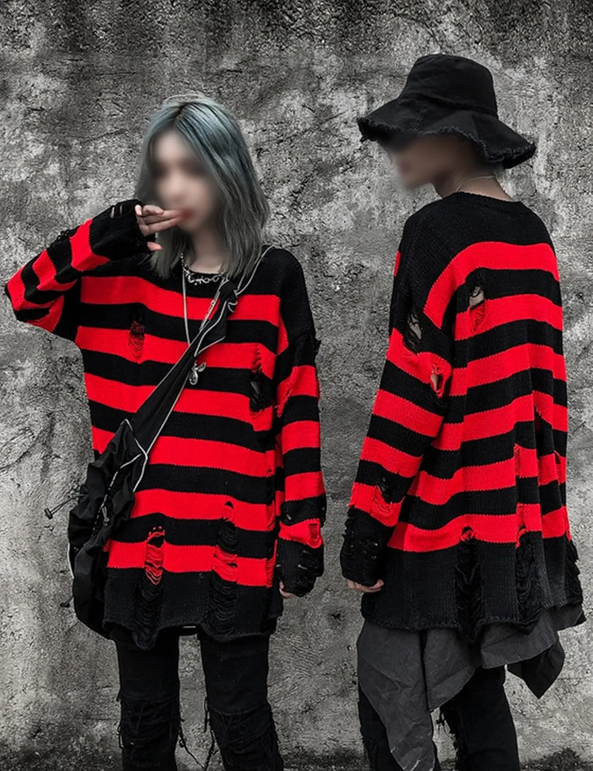 Zhiyouni Womens Punk Gothic Sweater Loose Oversized Striped Ripped Pullover Knit Sweaters