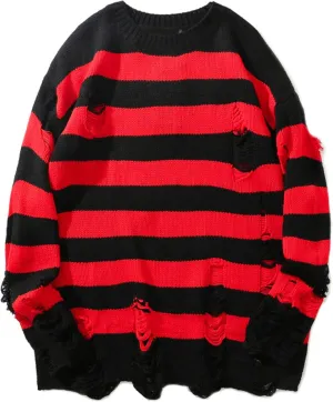 Zhiyouni Womens Punk Gothic Sweater Loose Oversized Striped Ripped Pullover Knit Sweaters
