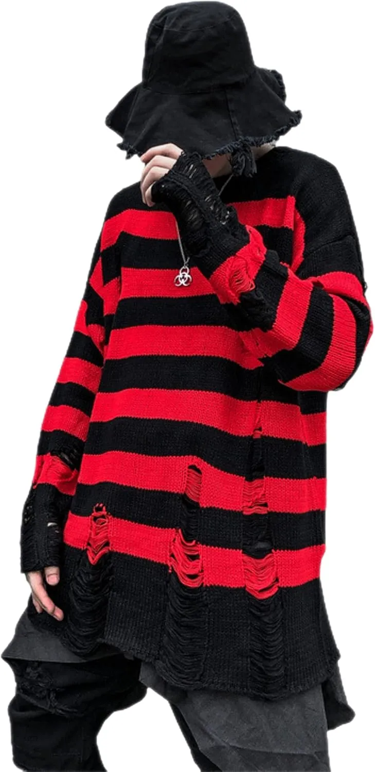 Zhiyouni Womens Punk Gothic Sweater Loose Oversized Striped Ripped Pullover Knit Sweaters